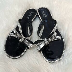 Black Rhinestone Bow Flip Flops Nicole Miller New York Sz 8
